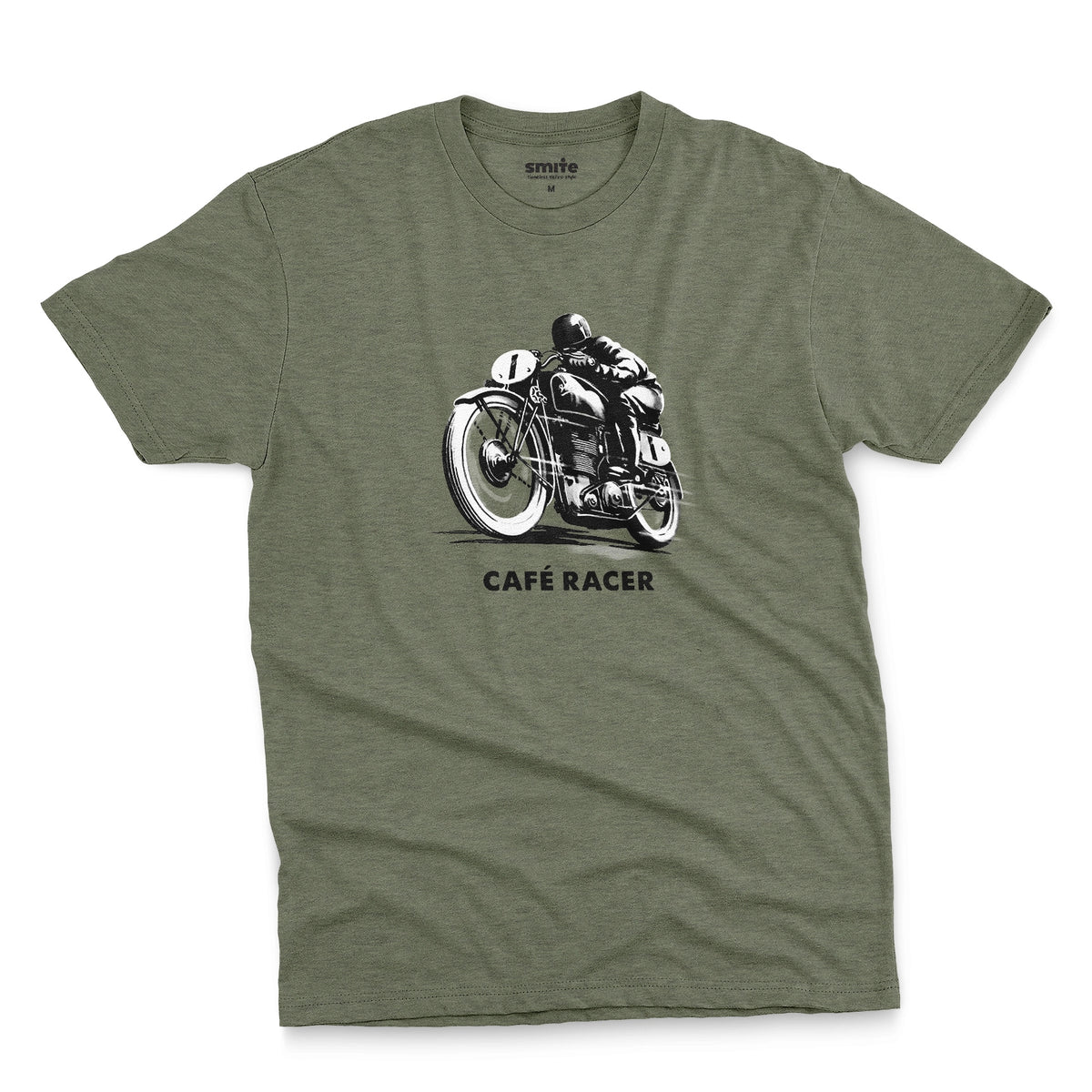 A green t-shirt featuring a black and white graphic of a vintage motorcycle with a rider, with the text 'CAFÉ RACER' printed below it.