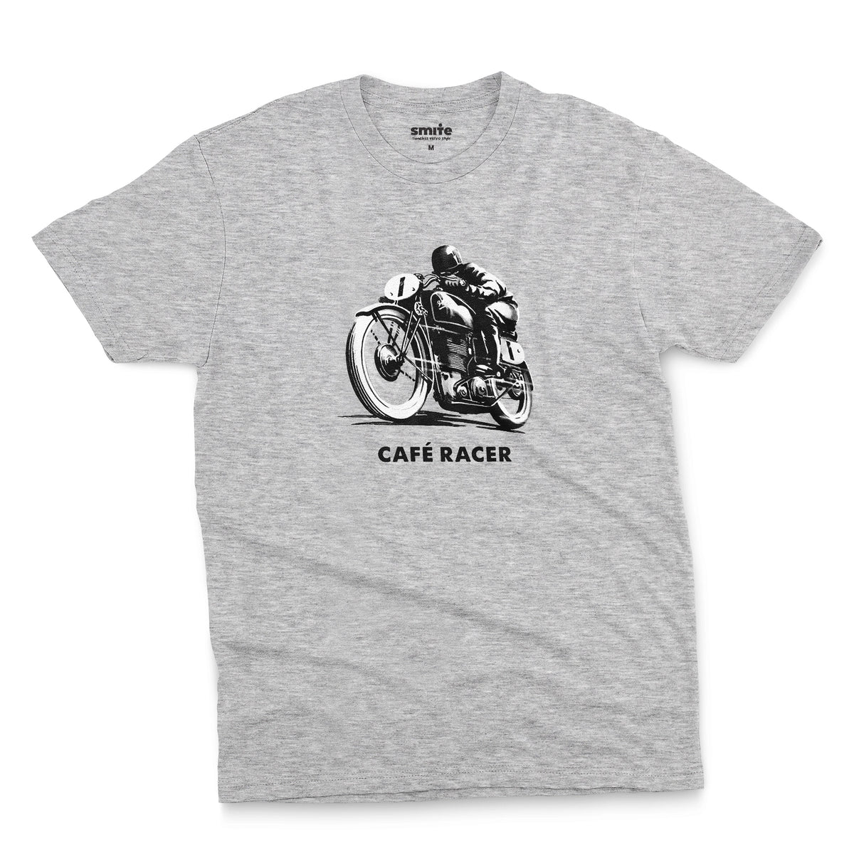 A grey marle t-shirt featuring a black and white graphic of a vintage motorcycle with a rider, with the text 'CAFÉ RACER' printed below it.