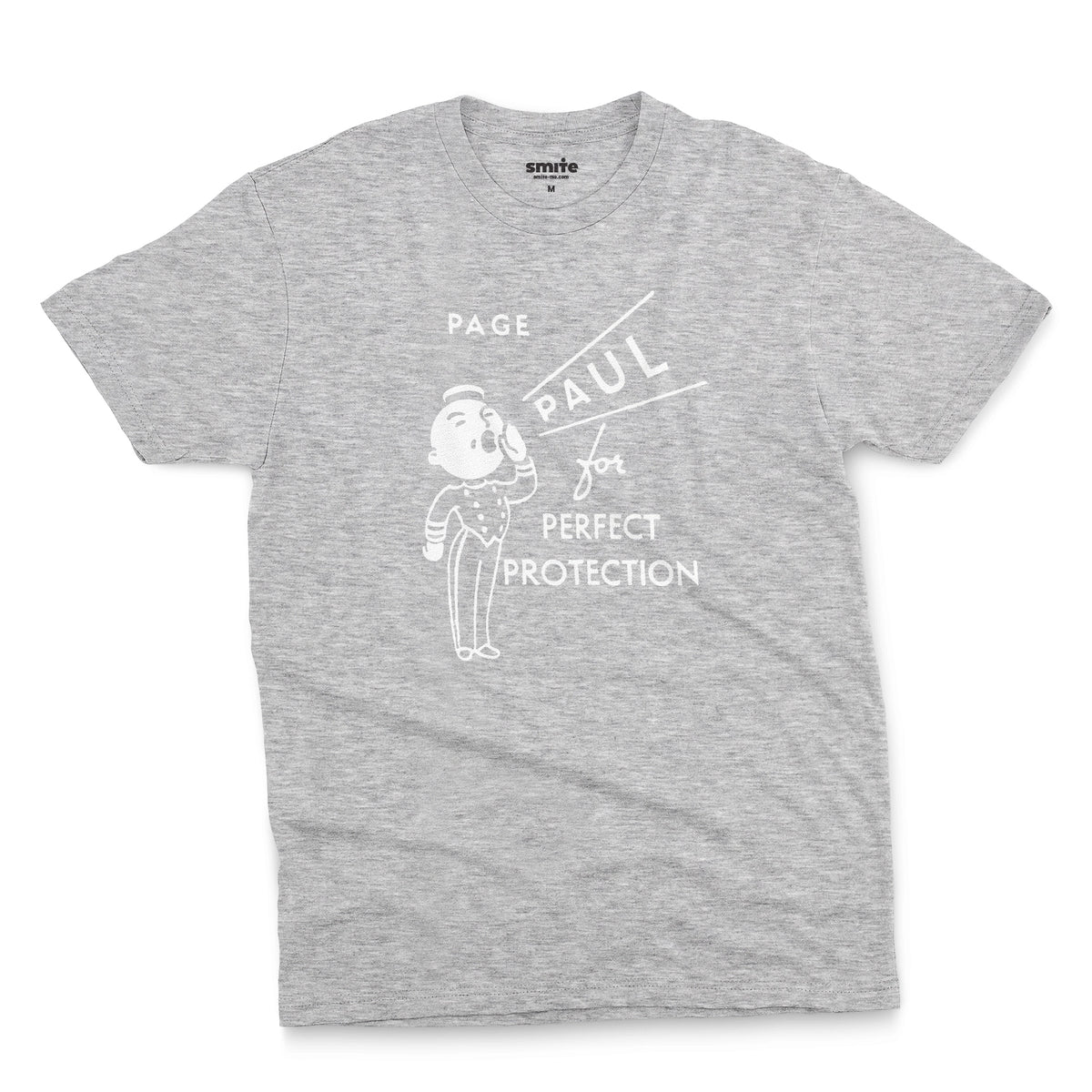 A gray marle t-shirt with a retro graphic print that features a cartoon character and the text 'PAGE PAUL for PERFECT PROTECTION'.