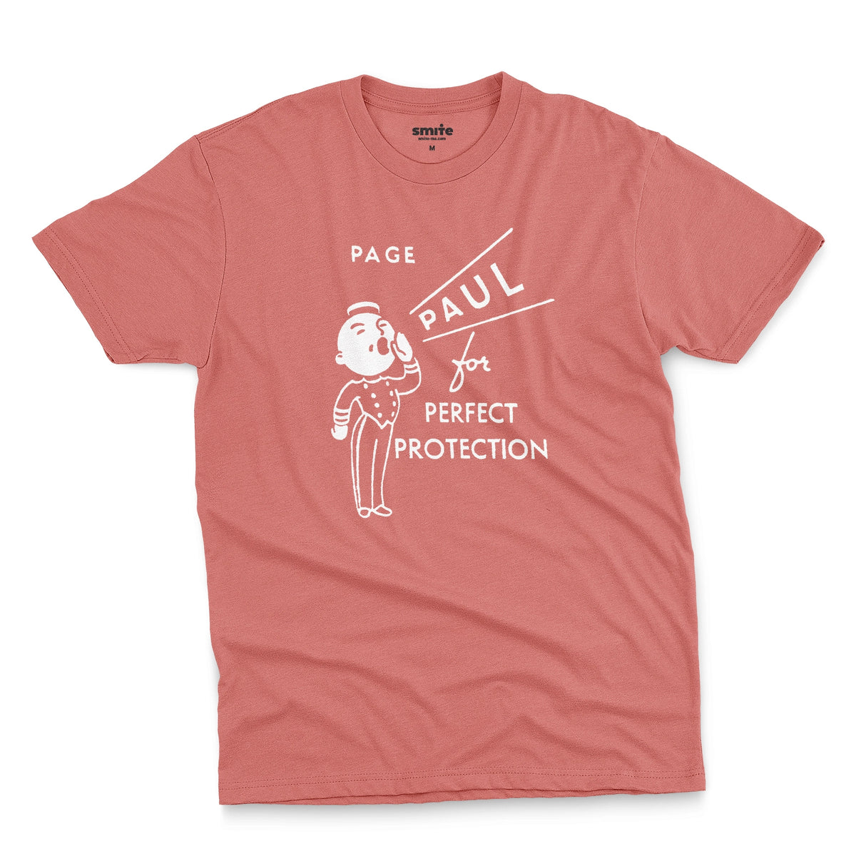 A coral pink t-shirt with a retro graphic print that features a cartoon character and the text 'PAGE PAUL for PERFECT PROTECTION'.
