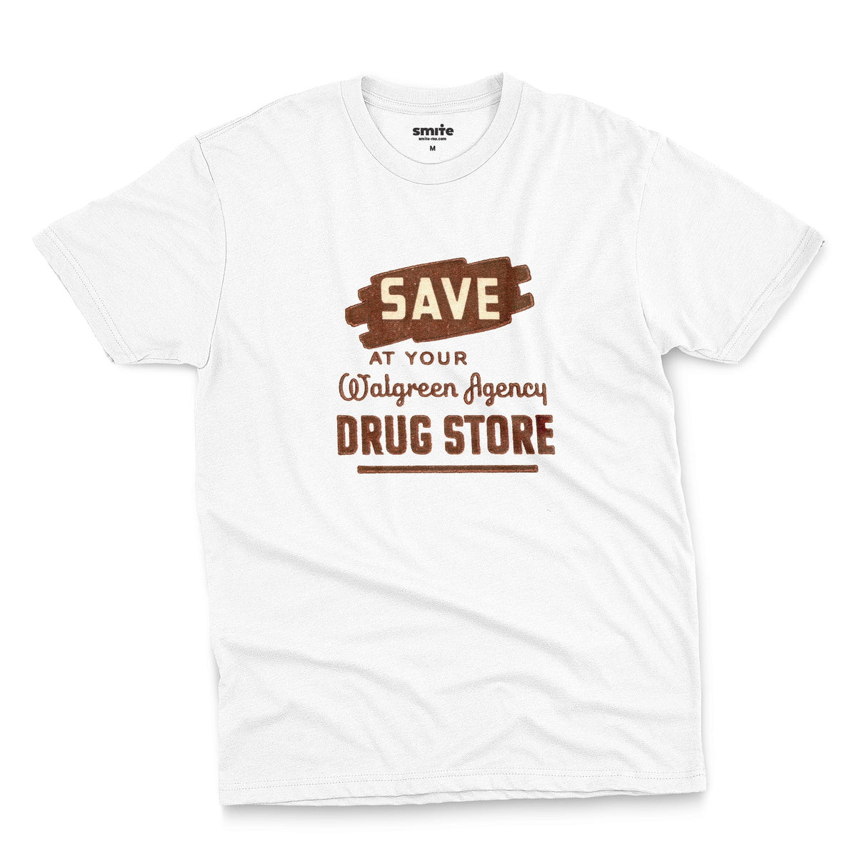 A white t-shirt with a retro graphic print that reads 'SAVE AT YOUR Walgreen Agency DRUG STORE' from the 1960s.