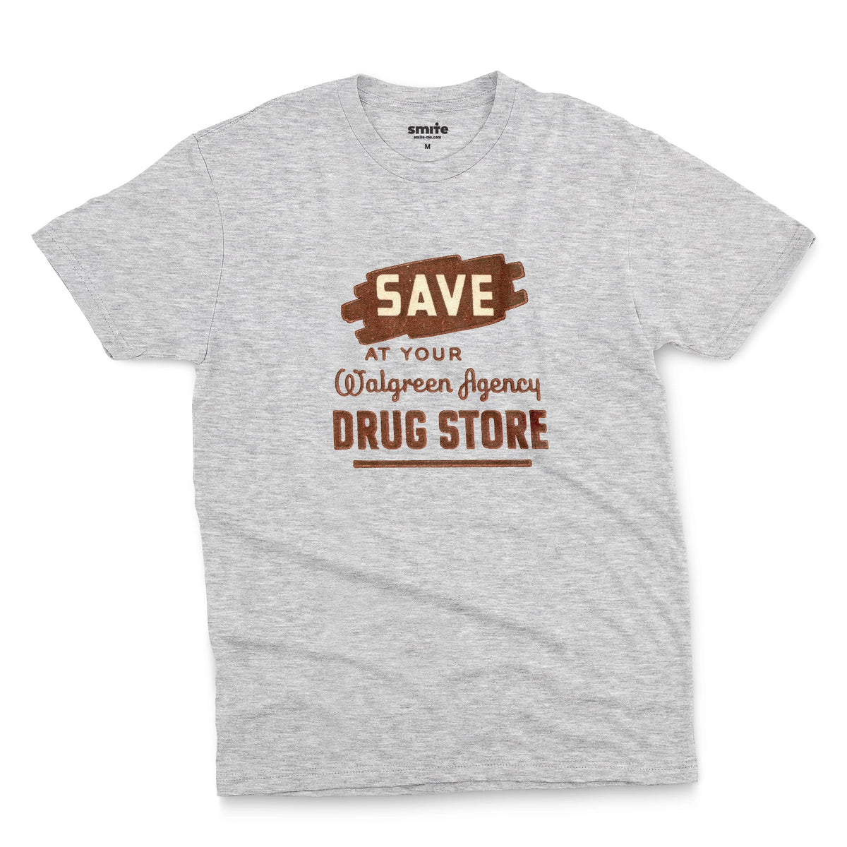 A gray marle t-shirt with a retro graphic print that reads 'SAVE AT YOUR Walgreen Agency DRUG STORE' from the 1960s.