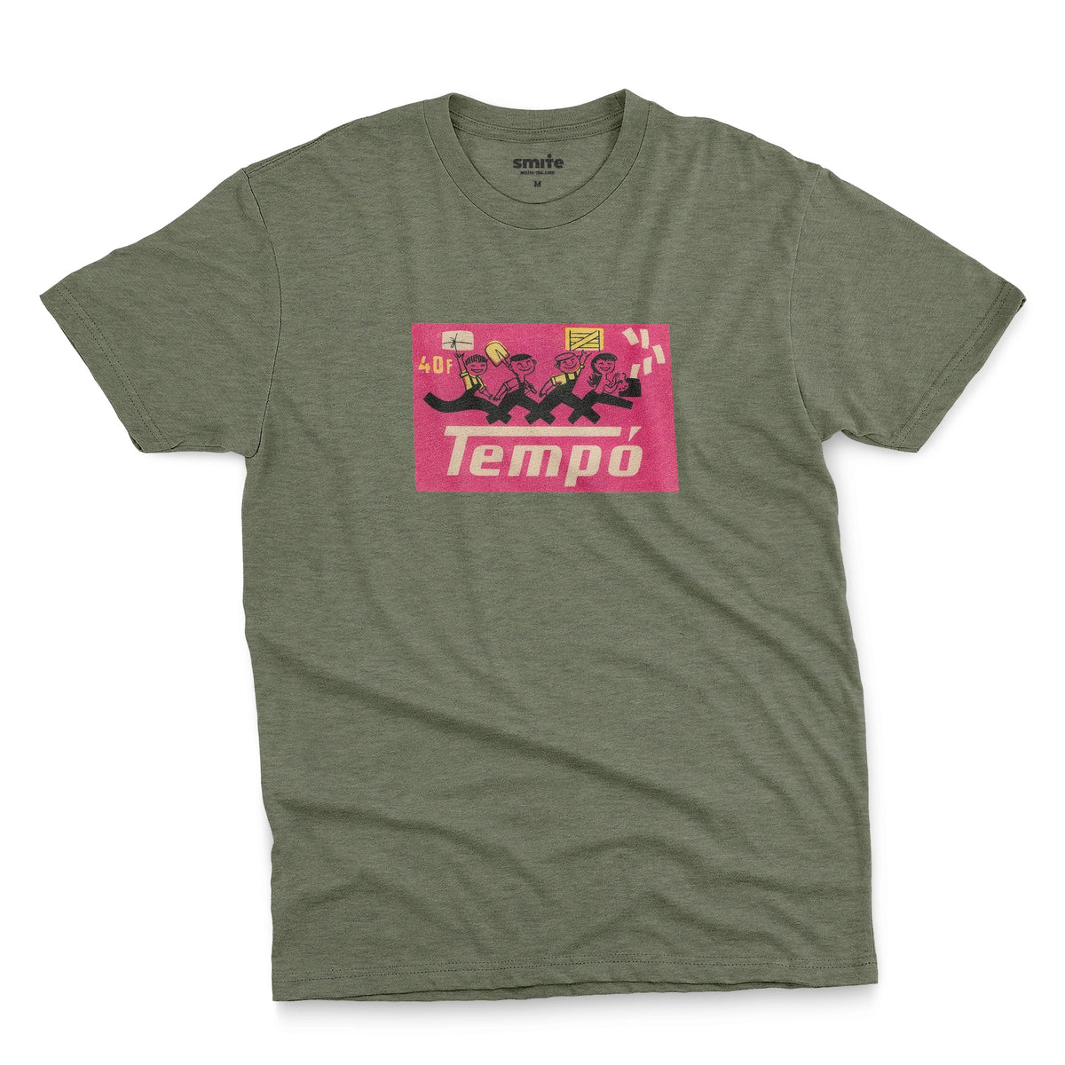 A green t-shirt with a retro advertisement for Tempo temporary staffing agency, featuring cartoon character workers.