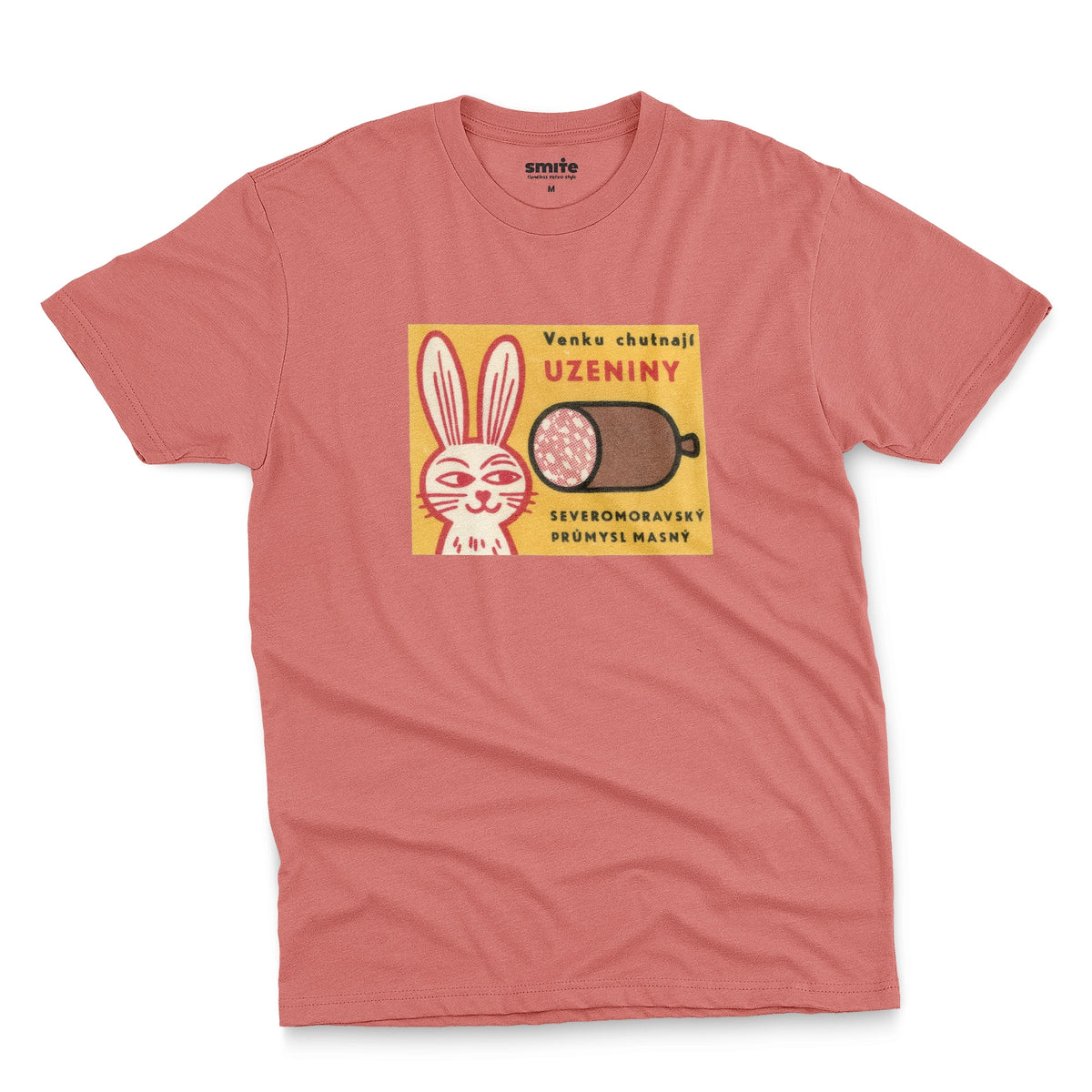 A coral pink t-shirt with a vintage advertisement for the North Moravian Meat Industry sausage.