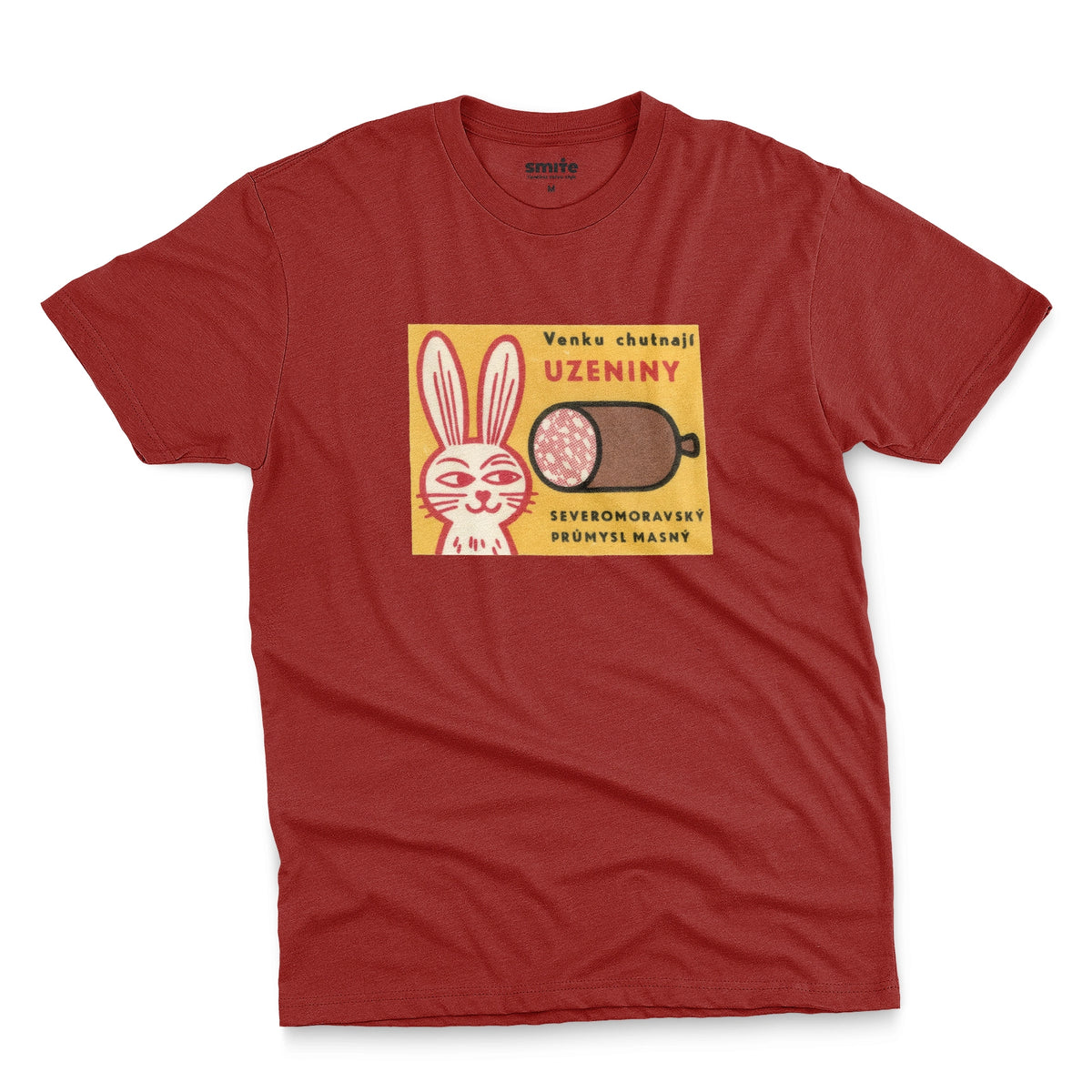 A red t-shirt with a vintage advertisement for the North Moravian Meat Industry sausage.