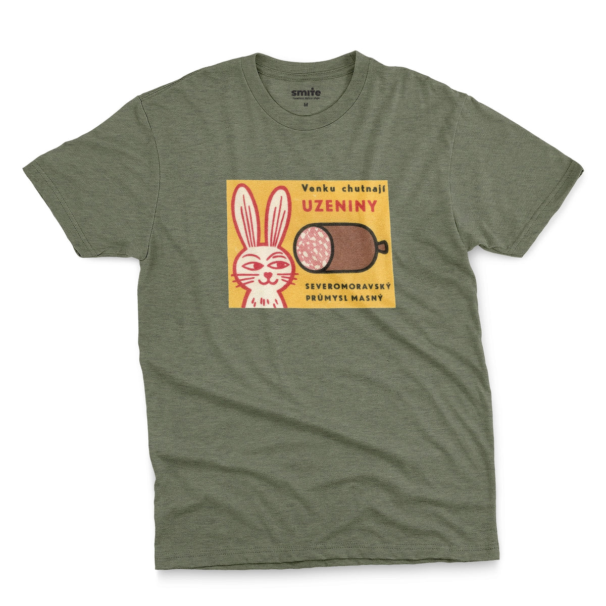 A green t-shirt with a vintage advertisement for the North Moravian Meat Industry sausage.