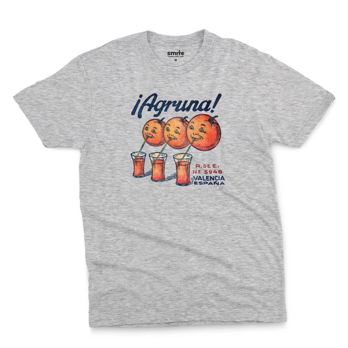 A gray marle t-shirt with a graphic print of Agruna brand fruit crate art from Valencia, Spain in the early 1900's.