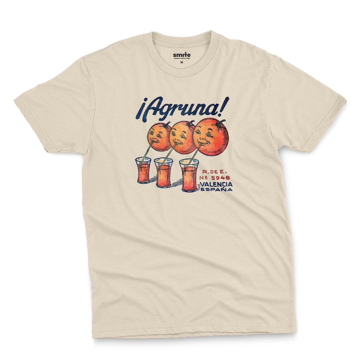 A beige t-shirt with a graphic print of Agruna brand fruit crate art from Valencia, Spain in the early 1900's.