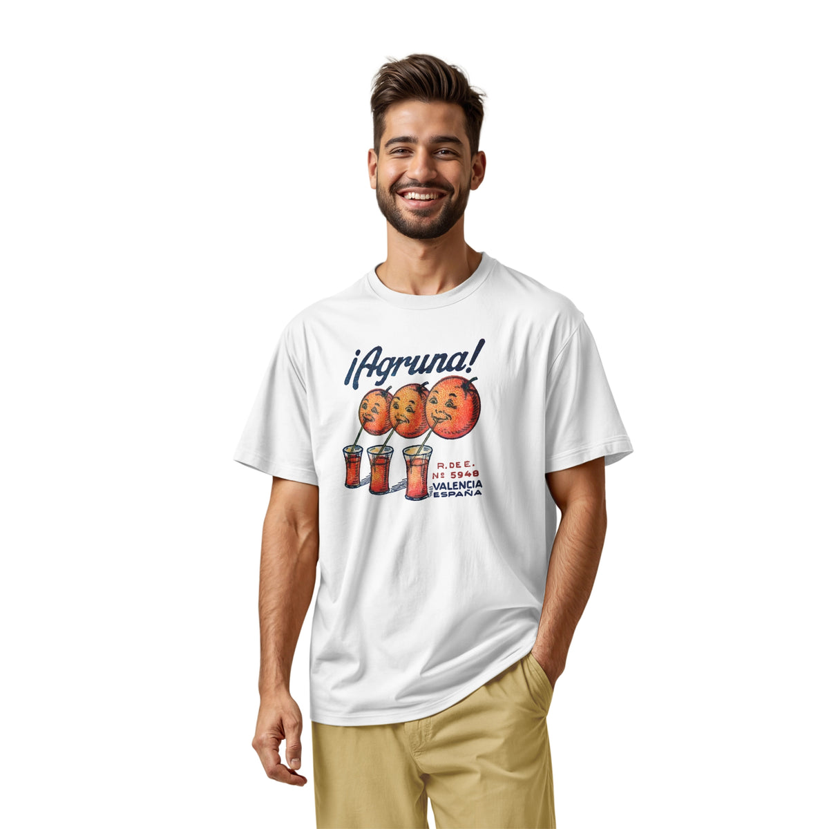 A white t-shirt with a graphic print of Agruna brand fruit crate art from Valencia, Spain in the early 1900's.