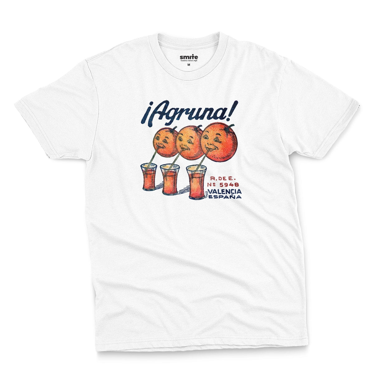 A white t-shirt with a graphic print of Agruna brand fruit crate art from Valencia, Spain in the early 1900's.