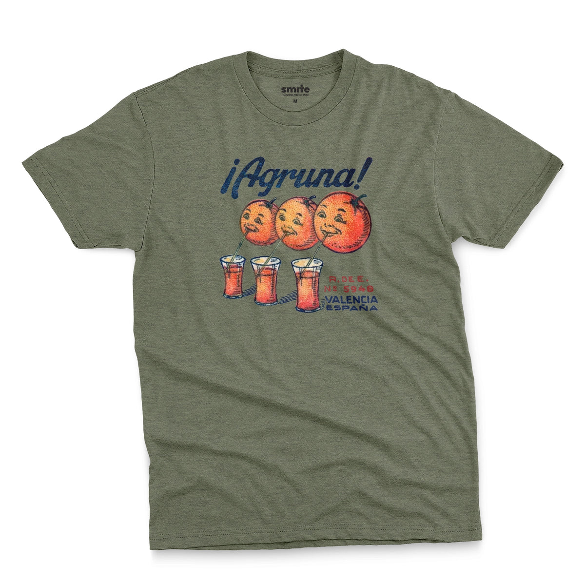 A green t-shirt with a graphic print of Agruna brand fruit crate art from Valencia, Spain in the early 1900's.