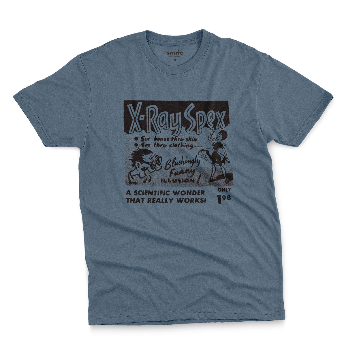 A blue t-shirt with a vintage advertisement for 'X-Ray Spex' commonly found in the back pages of 1960s comic books.