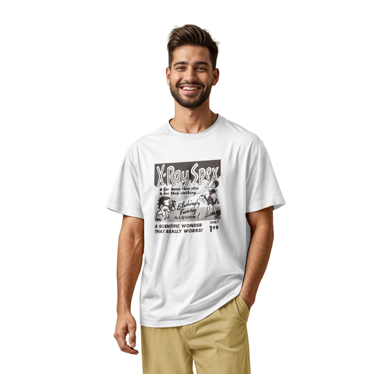 A white t-shirt with a vintage advertisement for 'X-Ray Spex' commonly found in the back pages of 1960s comic books.