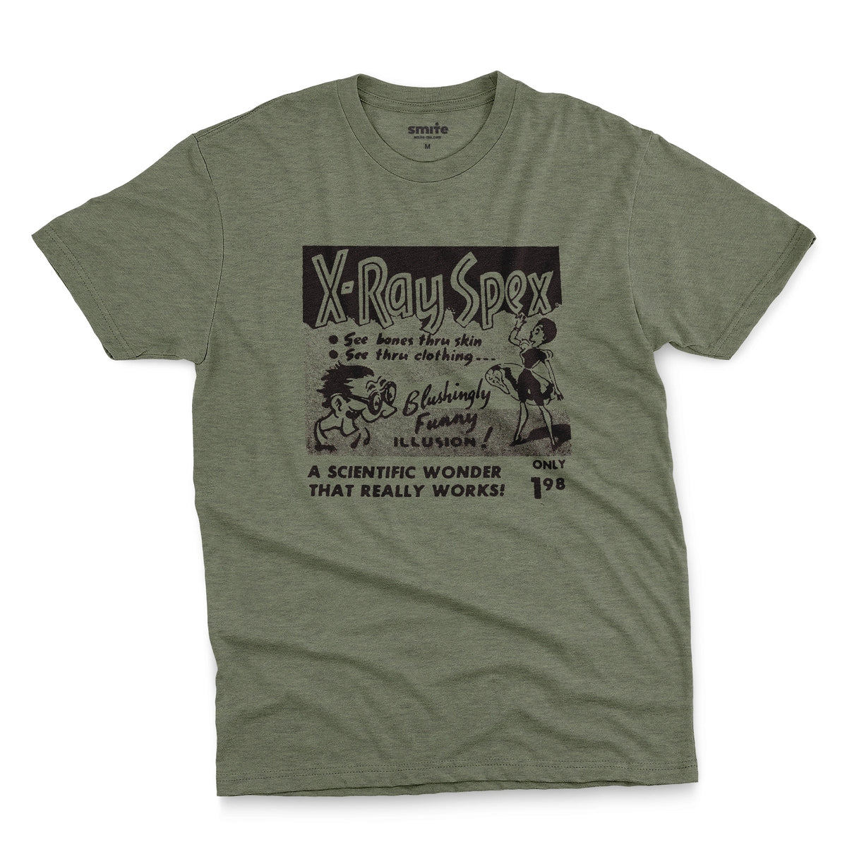 A green t-shirt with a vintage advertisement for 'X-Ray Spex' commonly found in the back pages of 1960s comic books.