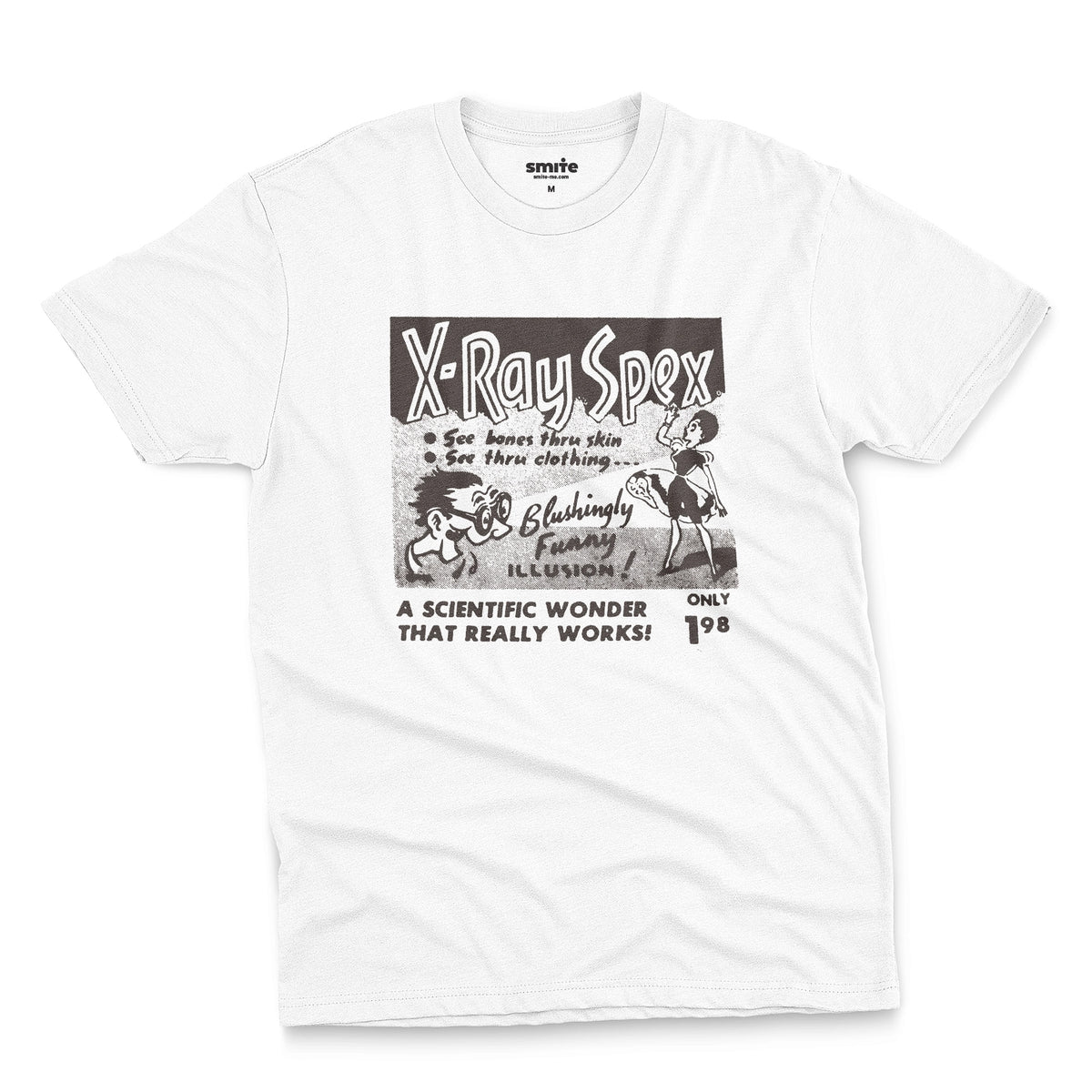 A white t-shirt with a vintage advertisement for 'X-Ray Spex' commonly found in the back pages of 1960s comic books.