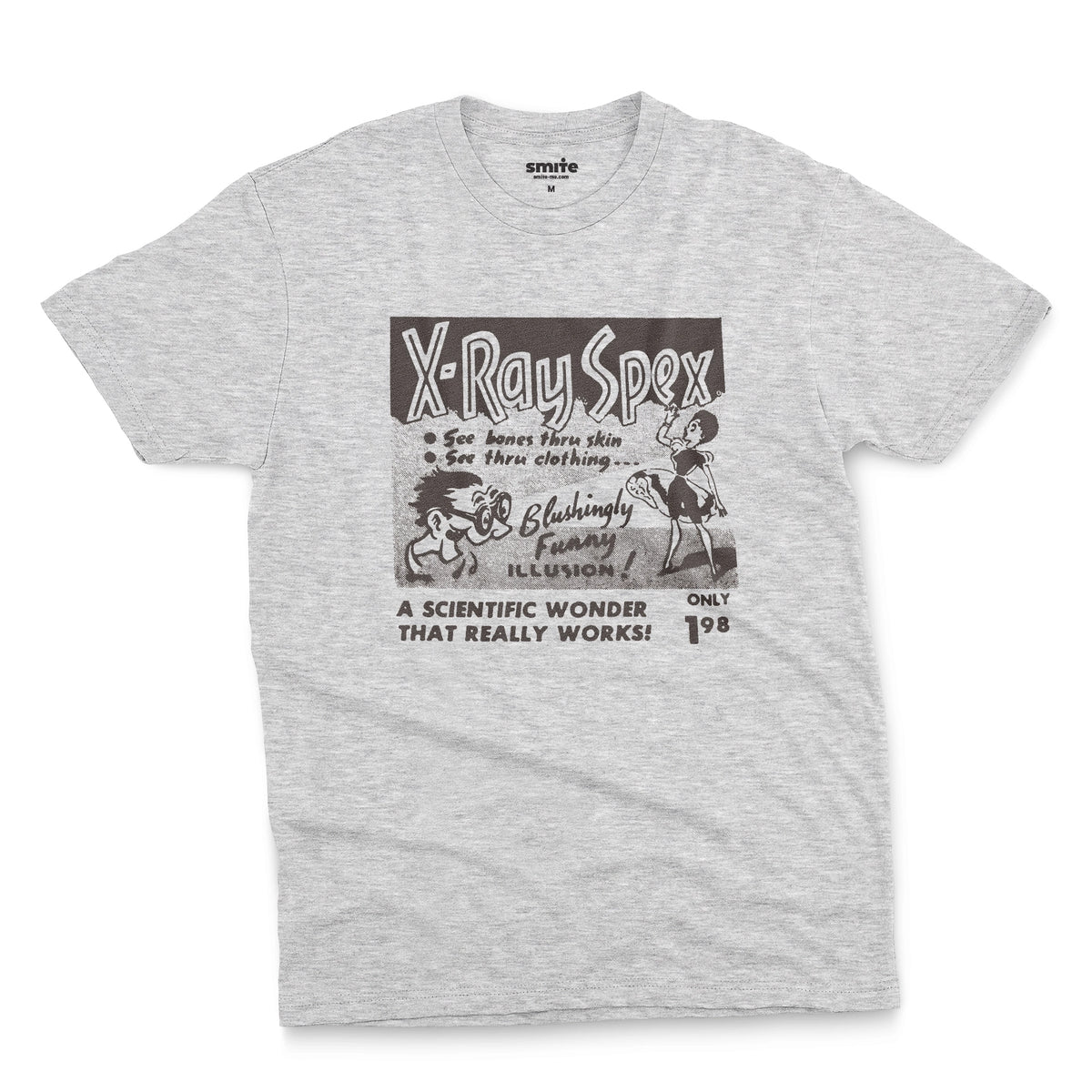 A gray marle t-shirt with a vintage advertisement for 'X-Ray Spex' commonly found in the back pages of 1960s comic books.