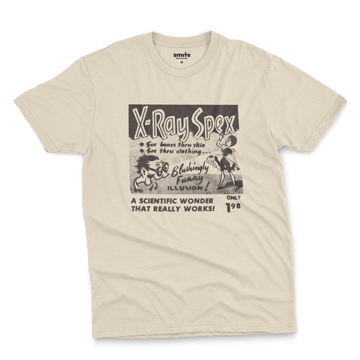 A beige t-shirt with a vintage advertisement for 'X-Ray Spex' commonly found in the back pages of 1960s comic books.