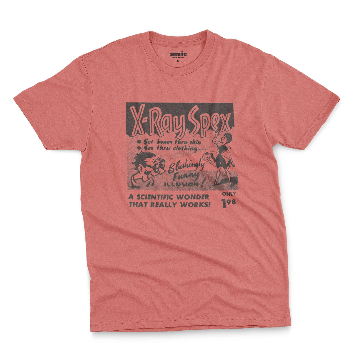 A coral pink t-shirt with a vintage advertisement for 'X-Ray Spex' commonly found in the back pages of 1960s comic books.