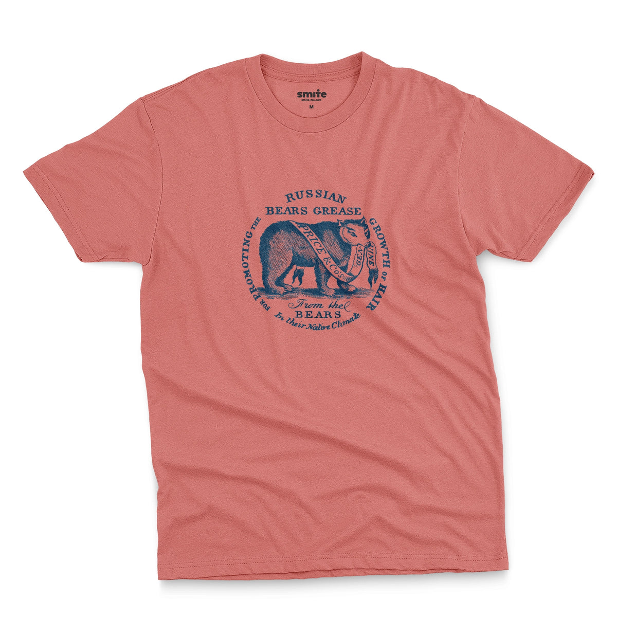 A coral pink t-shirt with the graphics from the lid of a ceramic jar of 'Russian Bears Grease' produced in Victorian England to cure baldness.