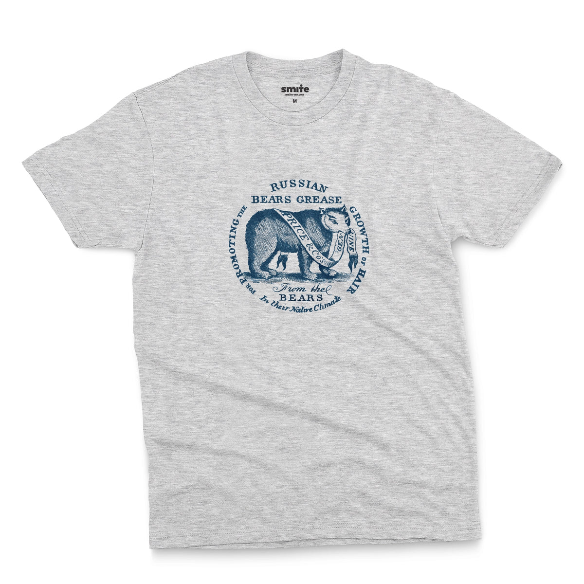 A gray marle t-shirt with the graphics from the lid of a ceramic jar of 'Russian Bears Grease' produced in Victorian England to cure baldness.