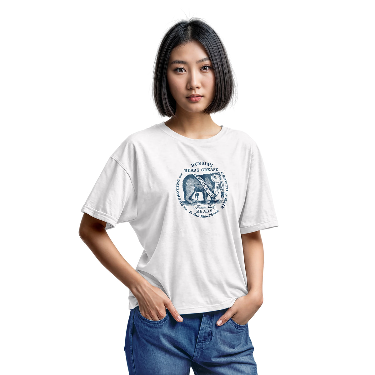 A white t-shirt with the graphics from the lid of a ceramic jar of 'Russian Bears Grease' produced in Victorian England to cure baldness.