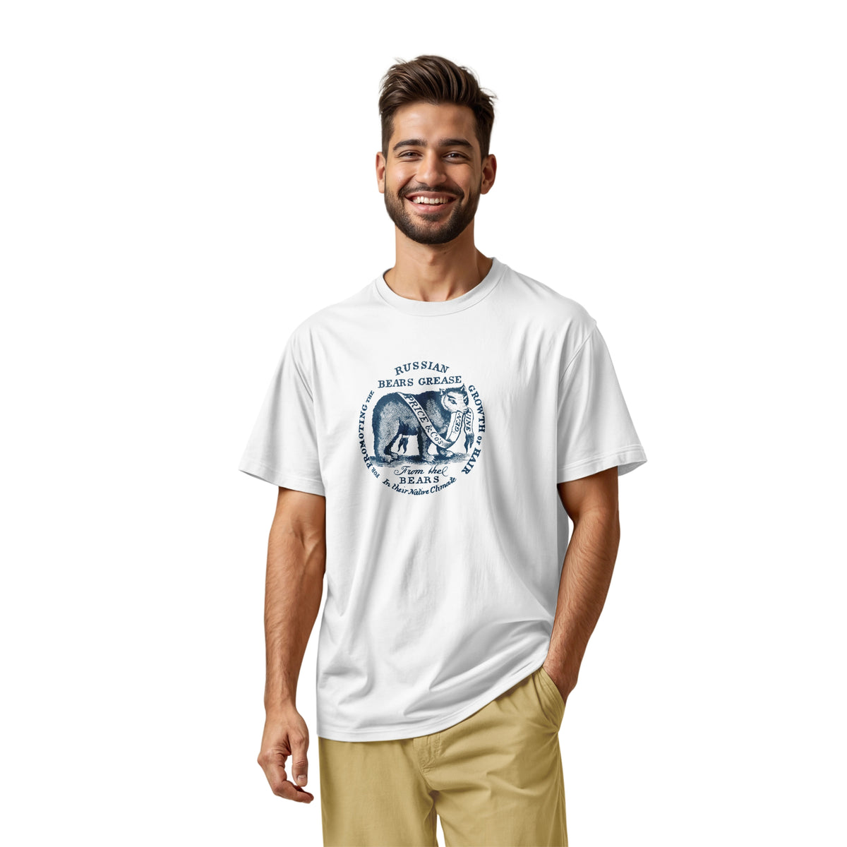 A white t-shirt with the graphics from the lid of a ceramic jar of 'Russian Bears Grease' produced in Victorian England to cure baldness.