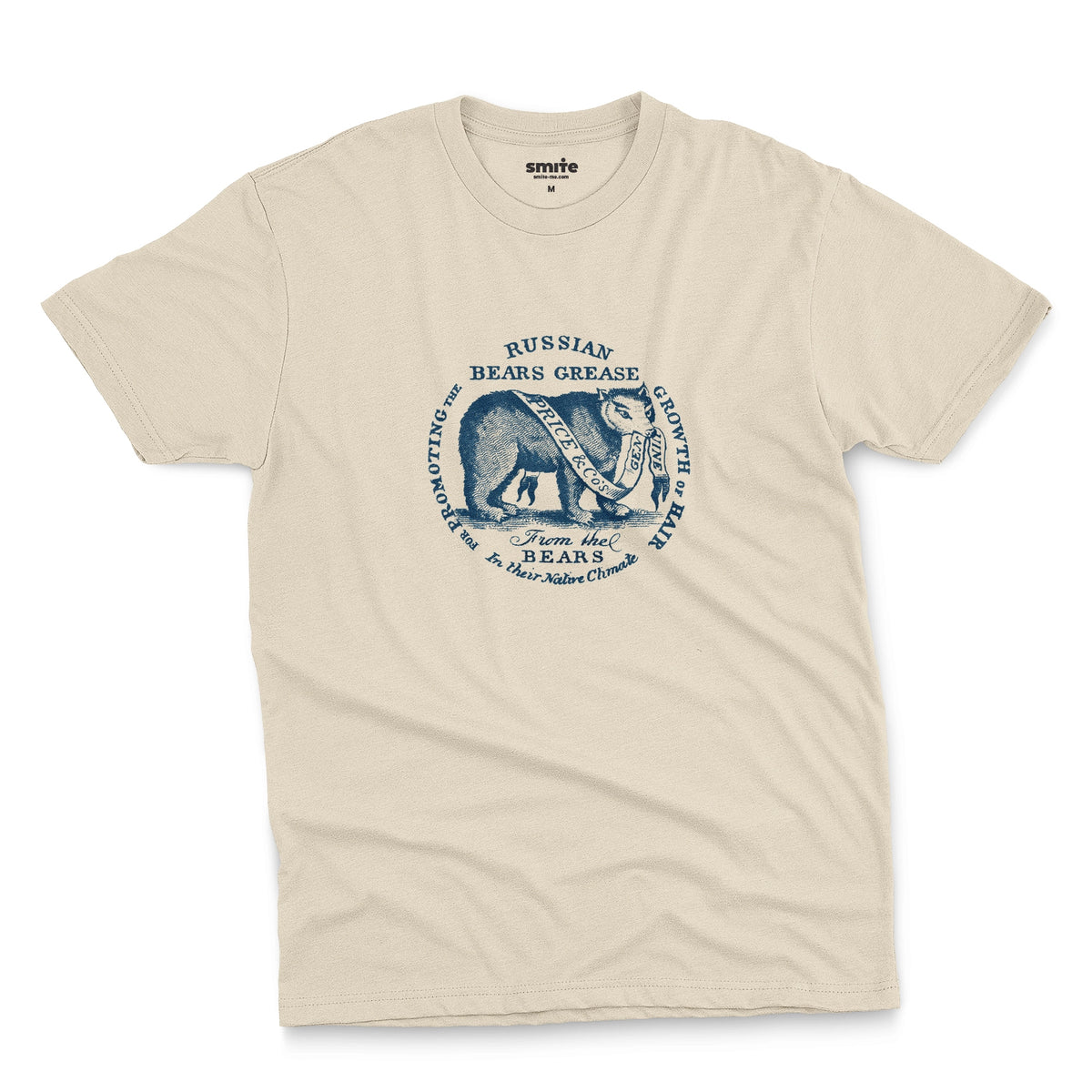 A beige t-shirt with the graphics from the lid of a ceramic jar of 'Russian Bears Grease' produced in Victorian England to cure baldness.