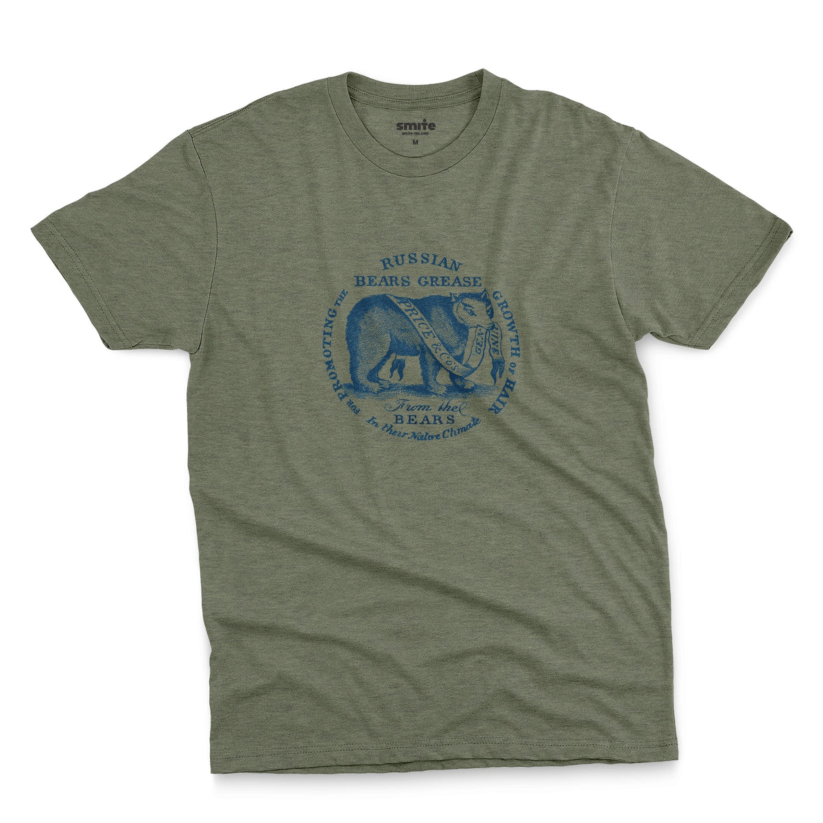 A green t-shirt with the graphics from the lid of a ceramic jar of 'Russian Bears Grease' produced in Victorian England to cure baldness.