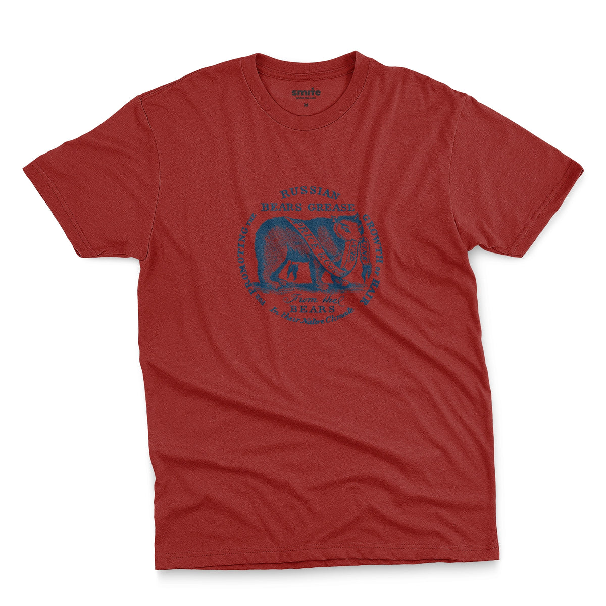A red t-shirt with the graphics from the lid of a ceramic jar of 'Russian Bears Grease' produced in Victorian England to cure baldness.