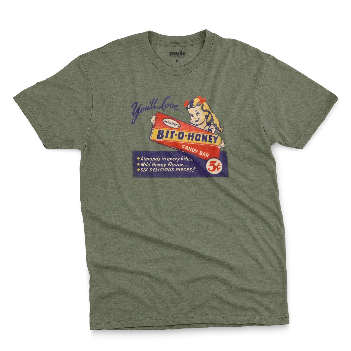 A green t-shirt with a vintage advertisement for the Bit-O-Honey candy bar from the 1960s.