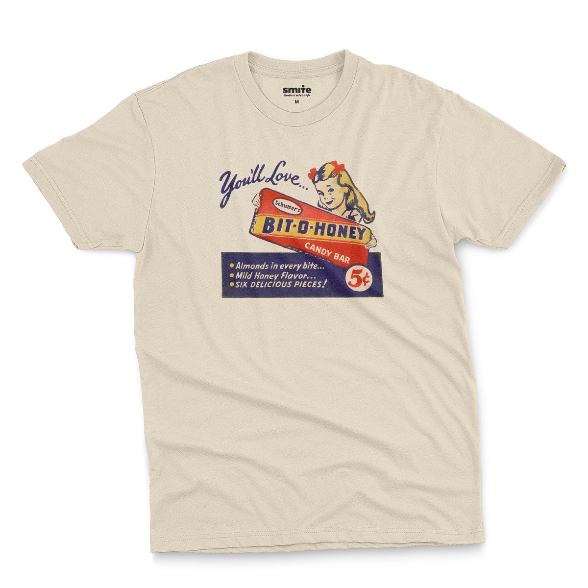 A beige t-shirt with a vintage advertisement for the Bit-O-Honey candy bar from the 1960s.
