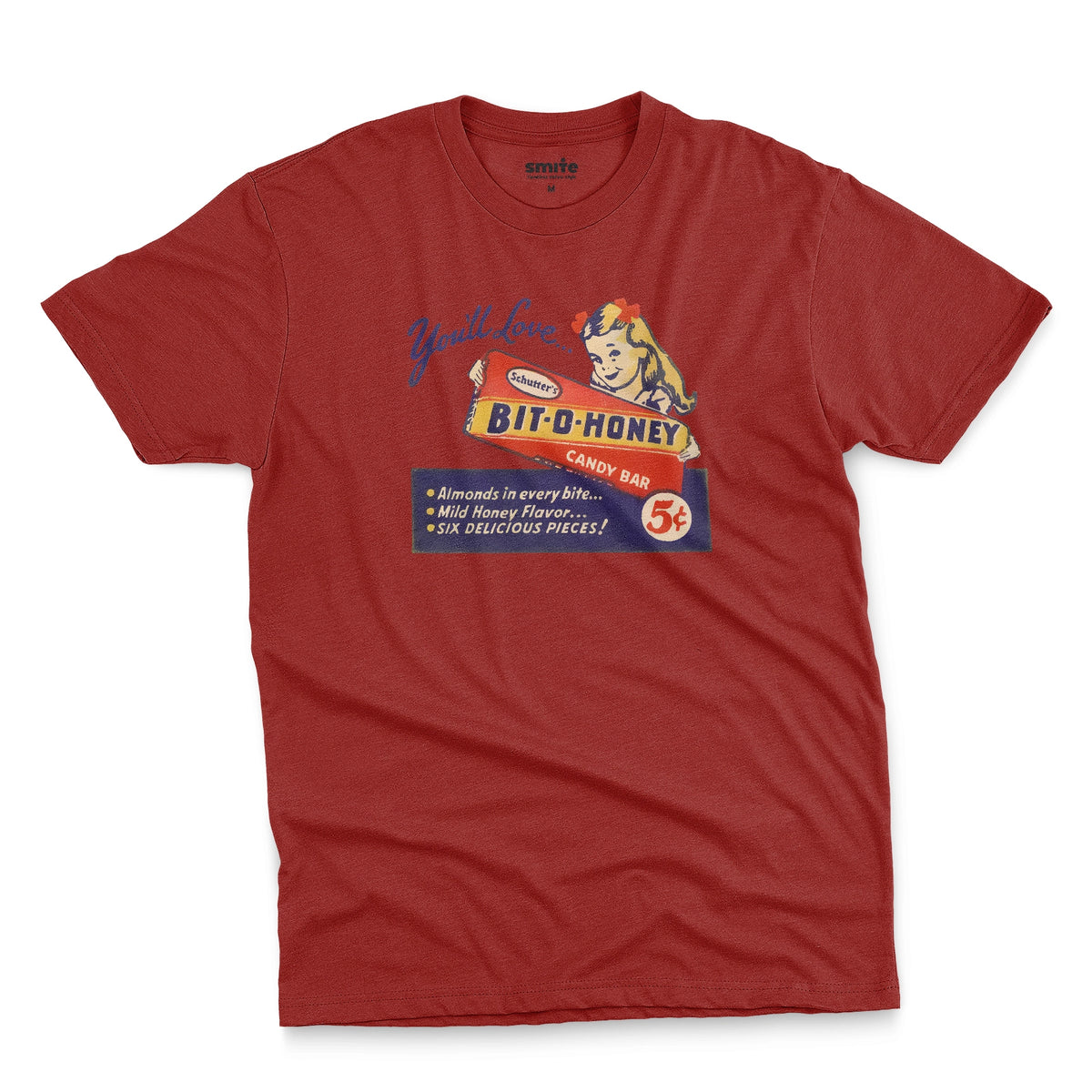 A red t-shirt with a vintage advertisement for the Bit-O-Honey candy bar from the 1960s.