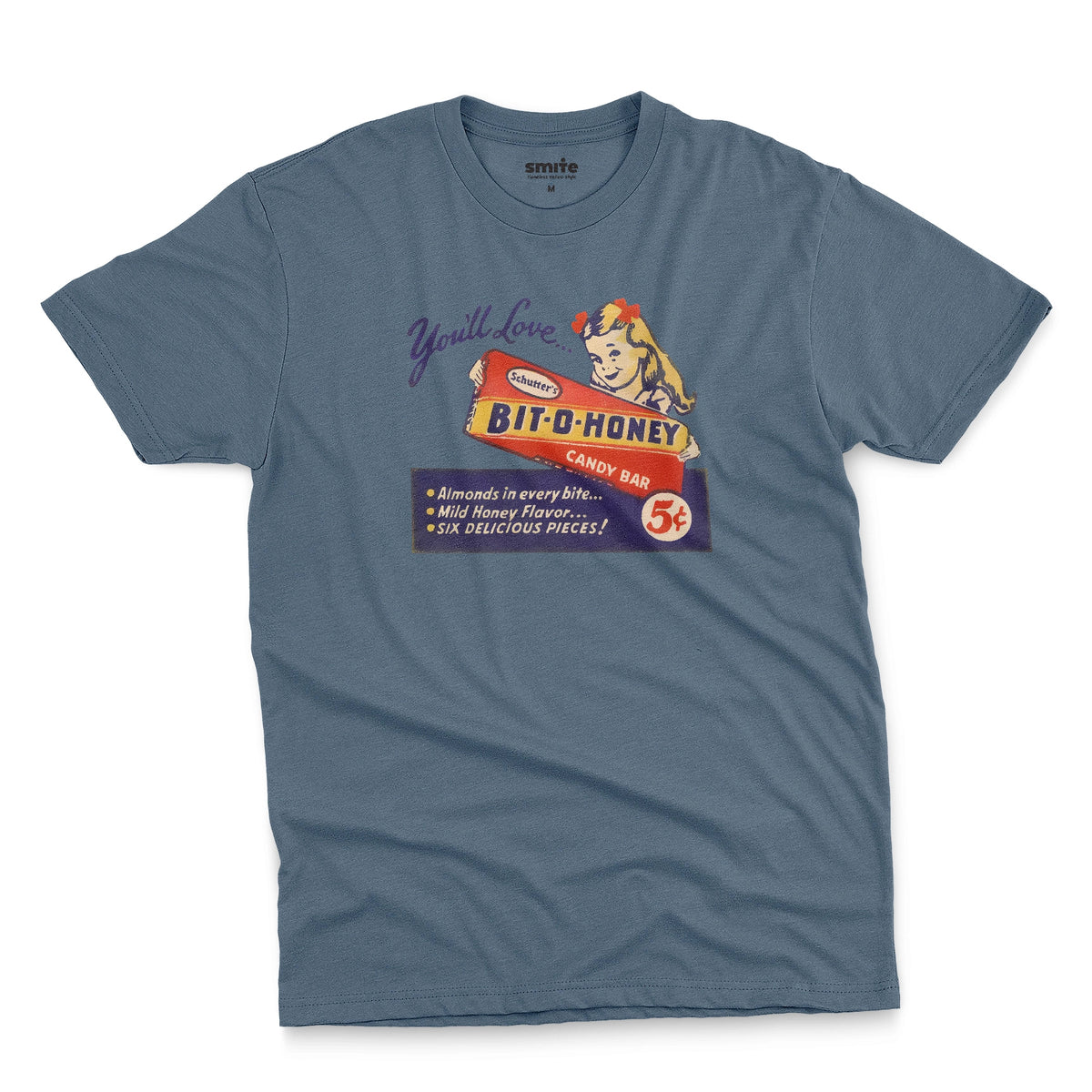 A blue t-shirt with a vintage advertisement for the Bit-O-Honey candy bar from the 1960s.