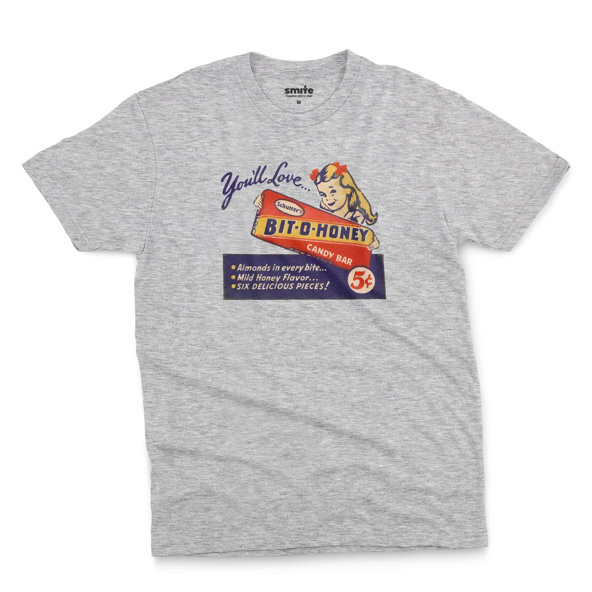A gray marle t-shirt with a vintage advertisement for the Bit-O-Honey candy bar from the 1960s.