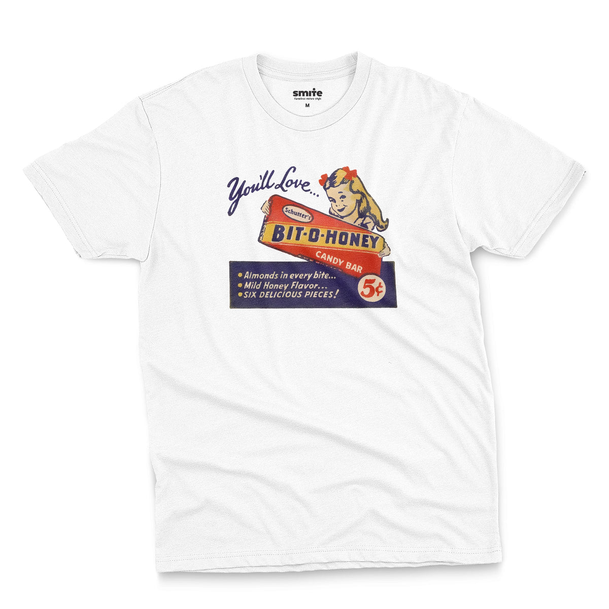 A white t-shirt with a vintage advertisement for the Bit-O-Honey candy bar from the 1960s.