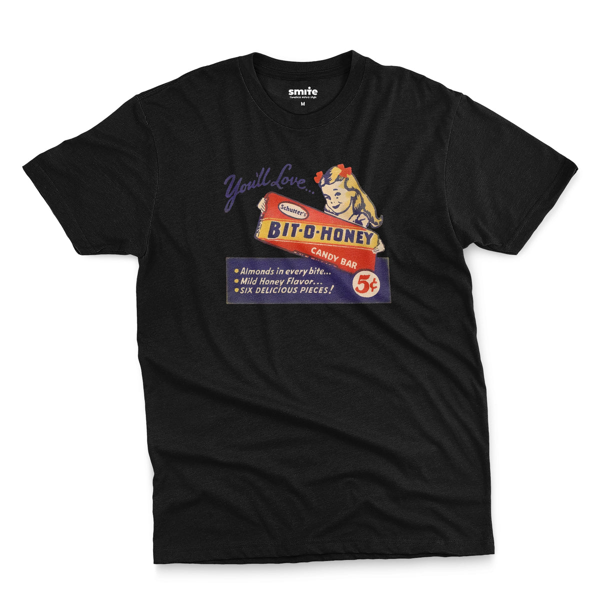 A black t-shirt with a vintage advertisement for the Bit-O-Honey candy bar from the 1960s.