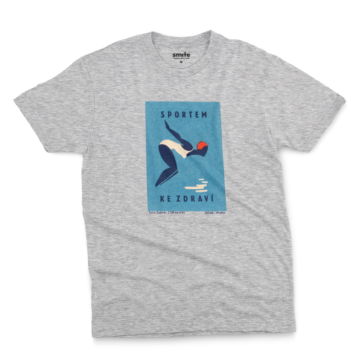 A gray marle t-shirt featuring a retro Czech Government ad promoting sports from the 1970s.
