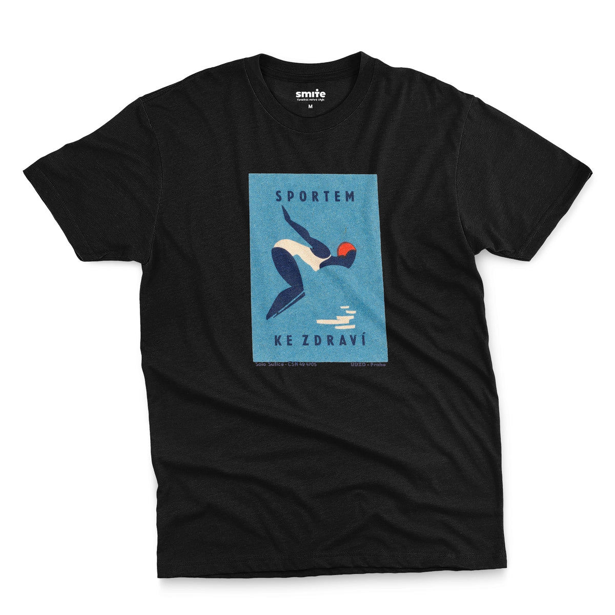 A black t-shirt featuring a retro Czech Government ad promoting sports from the 1970s.