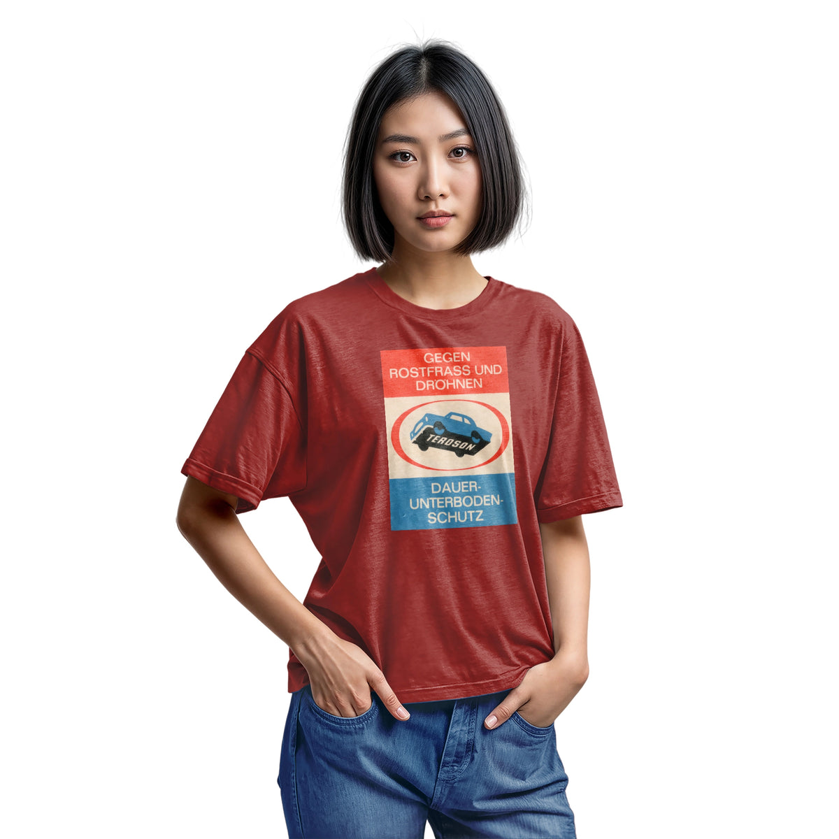 A red t-shirt with a German underbody protection advertisement for Teroson from the 1960s. In English it reads 'Against rust and pounding. Teroson. Permanent underbody protection'.