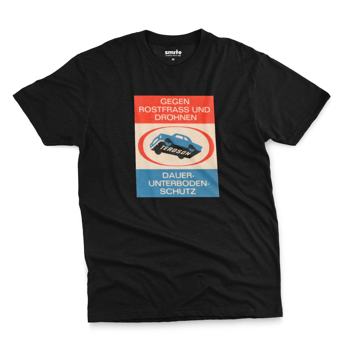 A black t-shirt with a German underbody protection advertisement for Teroson from the 1960s. In English it reads 'Against rust and pounding. Teroson. Permanent underbody protection'.