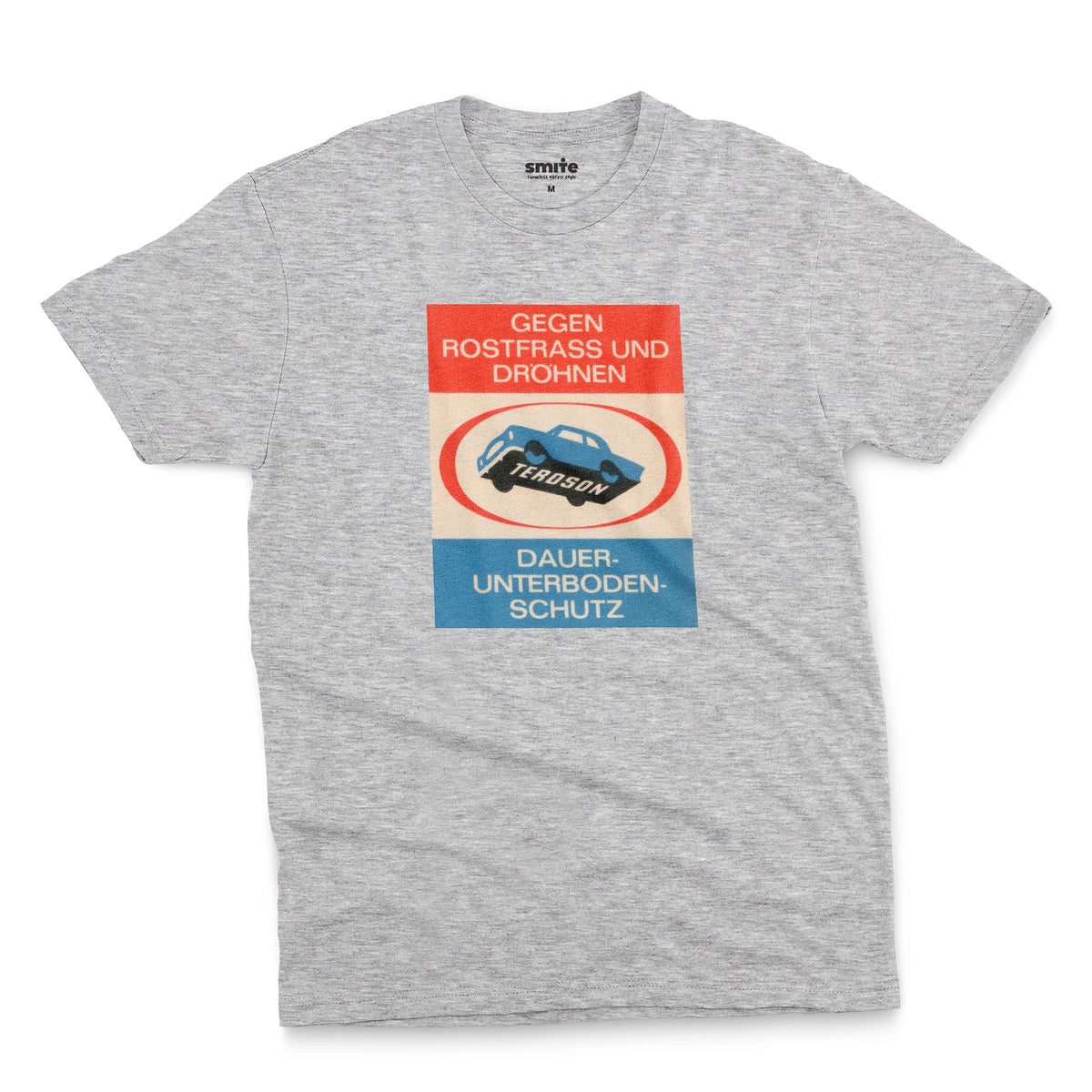 A gray marle t-shirt with a German underbody protection advertisement for Teroson from the 1960s. In English it reads 'Against rust and pounding. Teroson. Permanent underbody protection'.