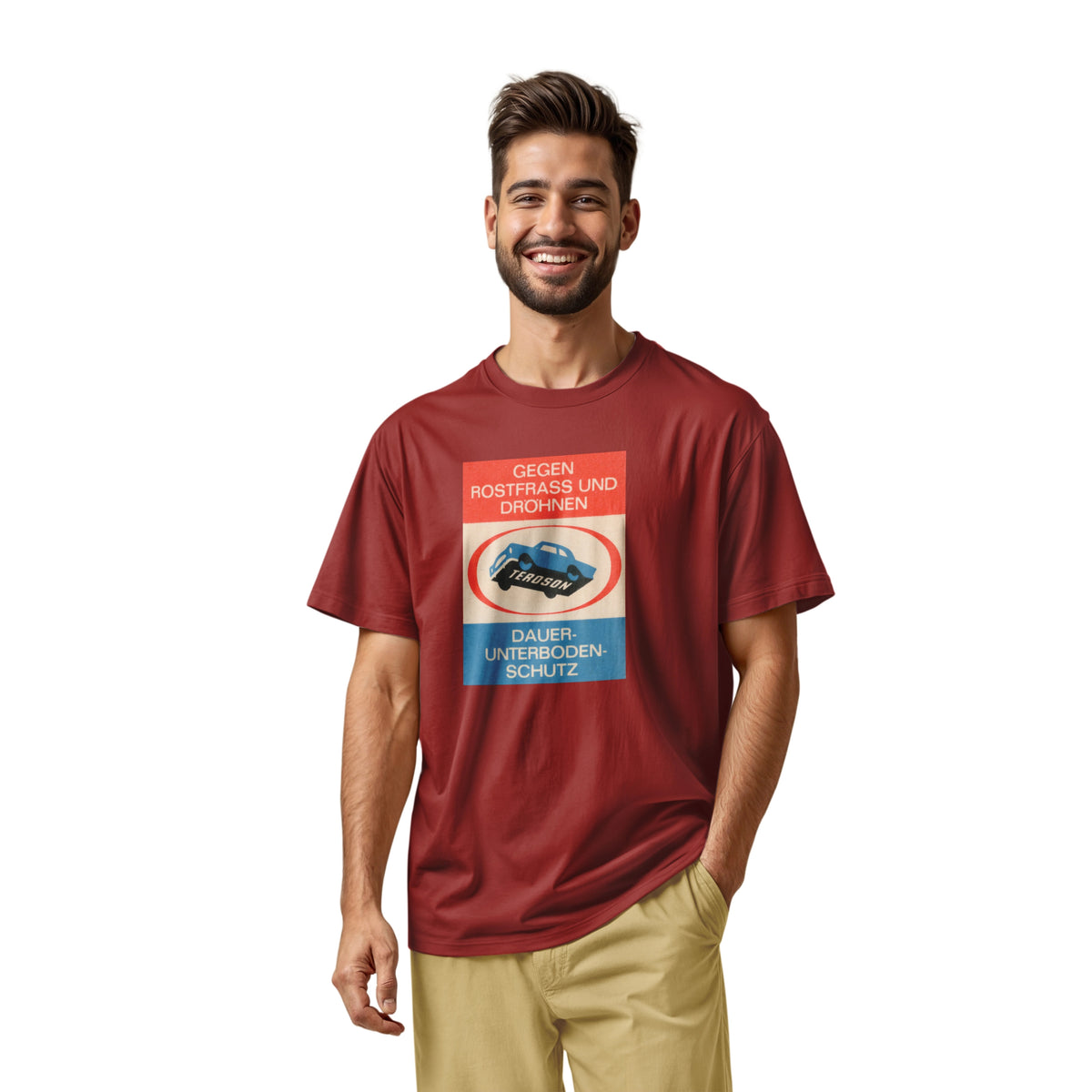 A red t-shirt with a German underbody protection advertisement for Teroson from the 1960s. In English it reads 'Against rust and pounding. Teroson. Permanent underbody protection'.
