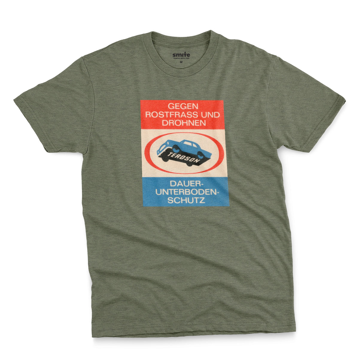 A green t-shirt with a German underbody protection advertisement for Teroson from the 1960s. In English it reads 'Against rust and pounding. Teroson. Permanent underbody protection'.