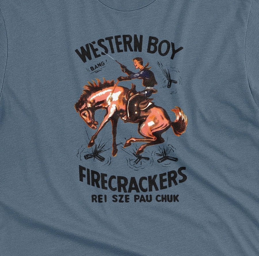 A blue t-shirt with vintage packaging for Chinese made US firecracker brand Western Boy.