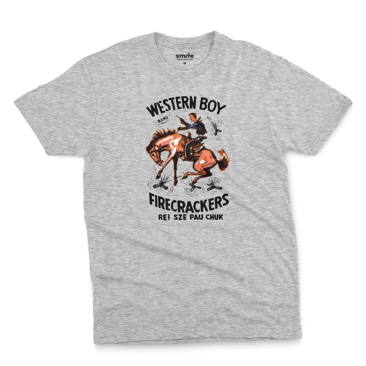 A gray marle t-shirt with vintage packaging for Chinese made US firecracker brand Western Boy.