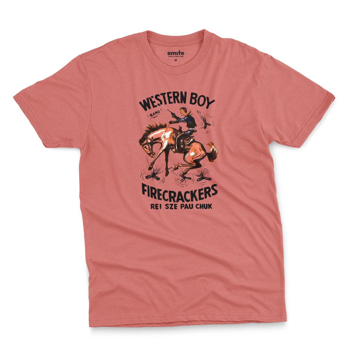 A coral pink t-shirt with vintage packaging for Chinese made US firecracker brand Western Boy.