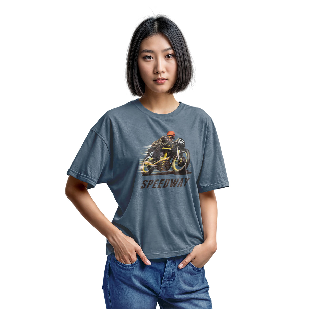 A blue t-shirt with a retro graphic of motorcycle racer and the word Speedway.