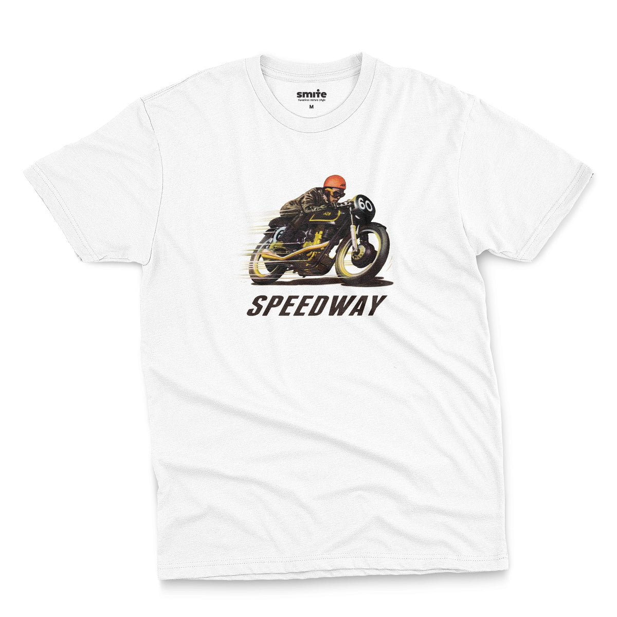 A white t-shirt with a retro graphic of motorcycle racer and the word Speedway.