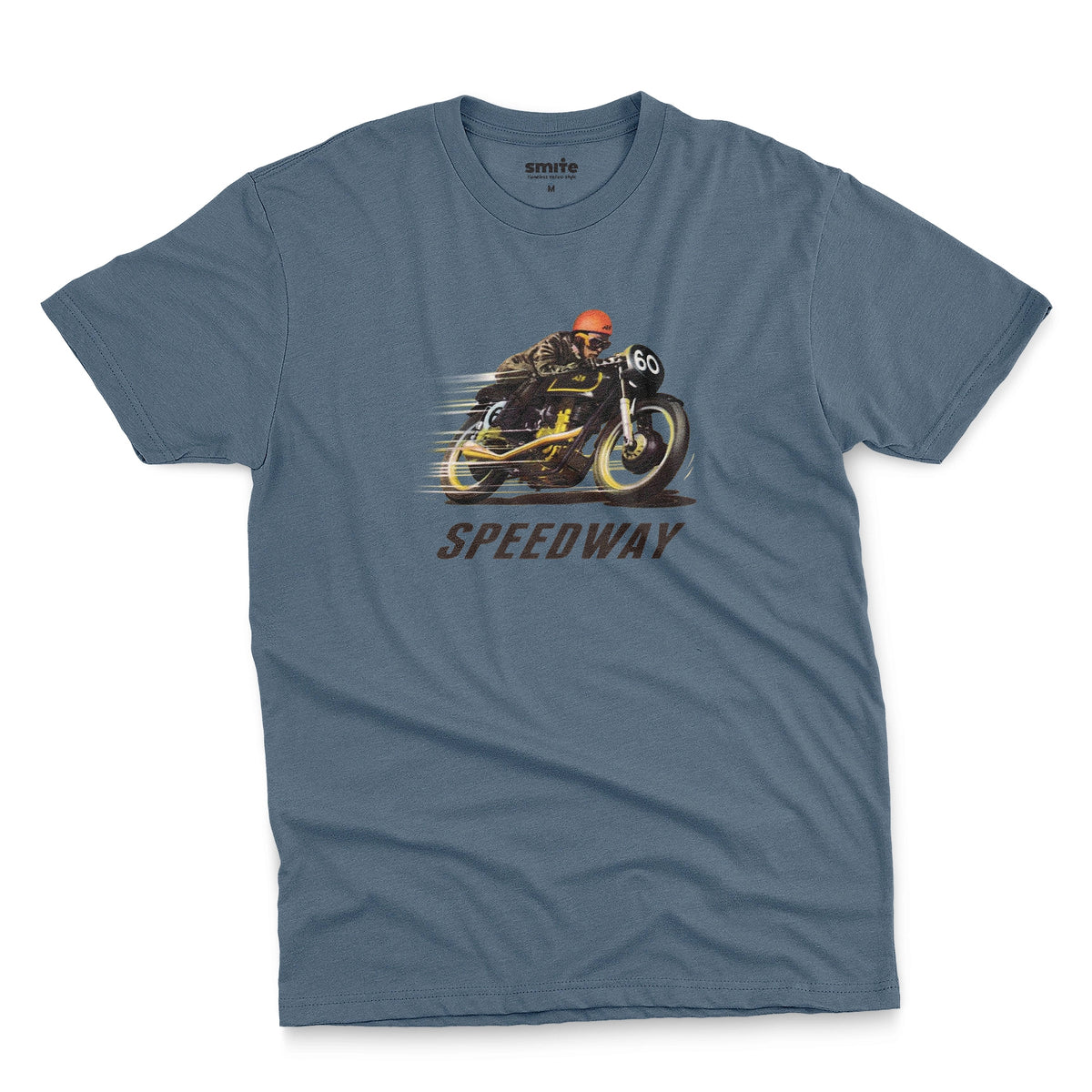 A blue t-shirt with a retro graphic of motorcycle racer and the word Speedway.