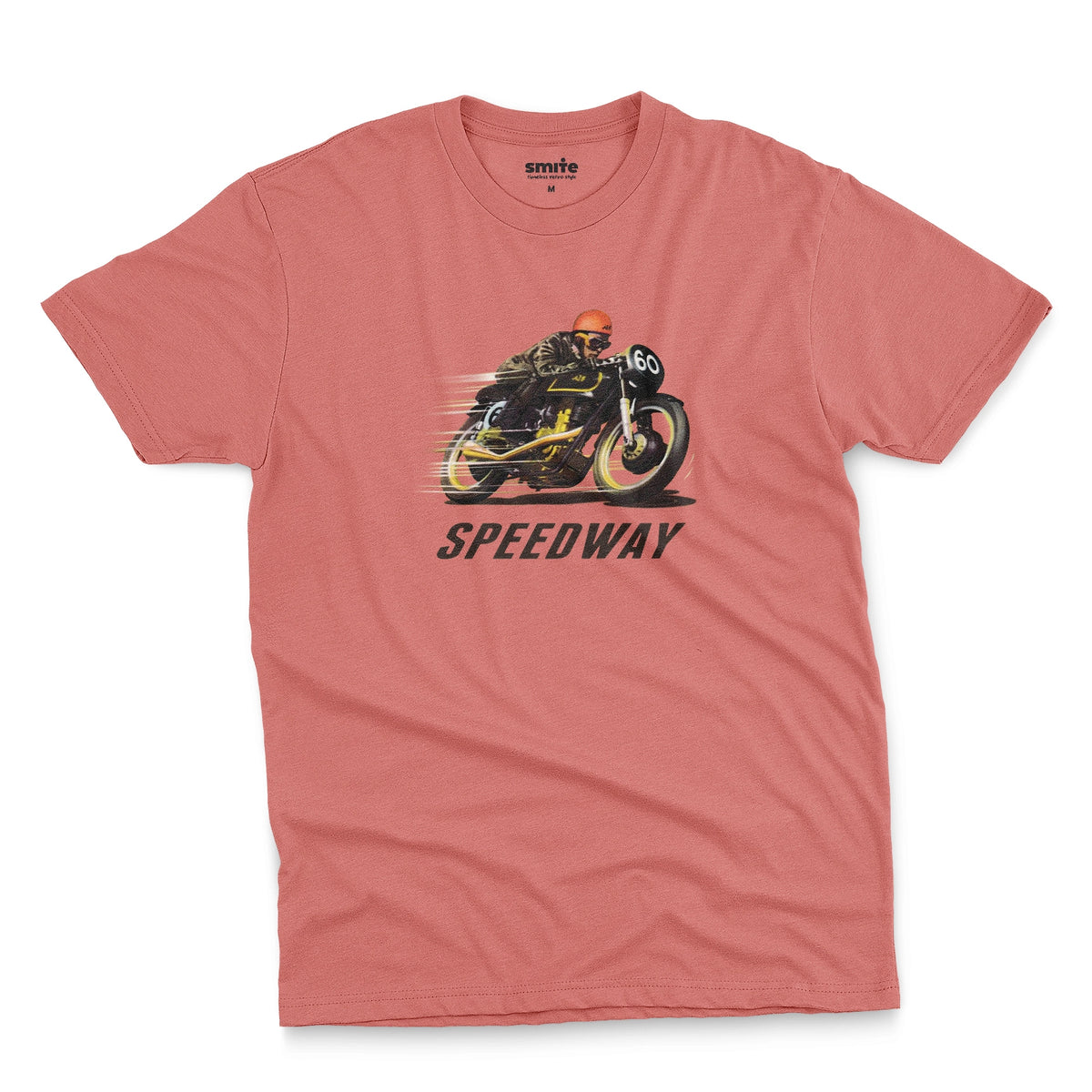 A coral pink t-shirt with a retro graphic of motorcycle racer and the word Speedway.